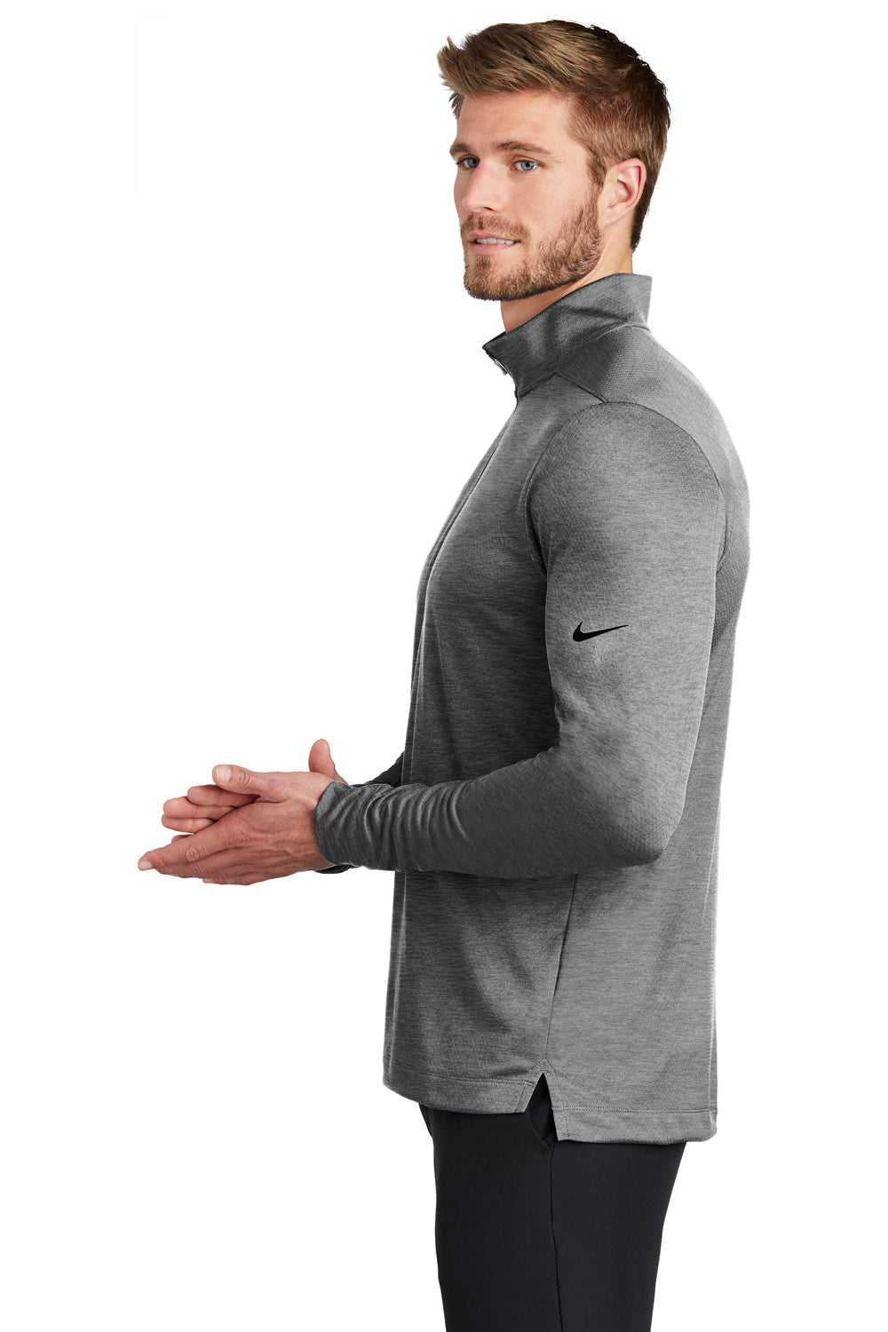 Nike NKBV6044 Mens Dri-Fit Moisture Wicking 1/4 Zip Sweatshirt Heather Black Model Side