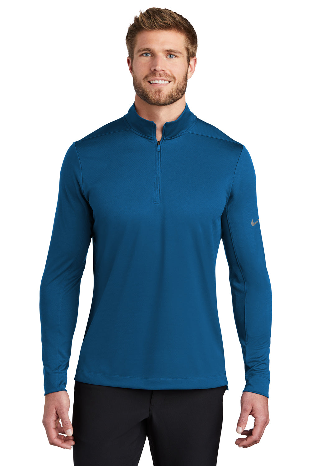 Nike NKBV6044 Mens Dri-Fit Moisture Wicking 1/4 Zip Sweatshirt Gym Blue Model Front