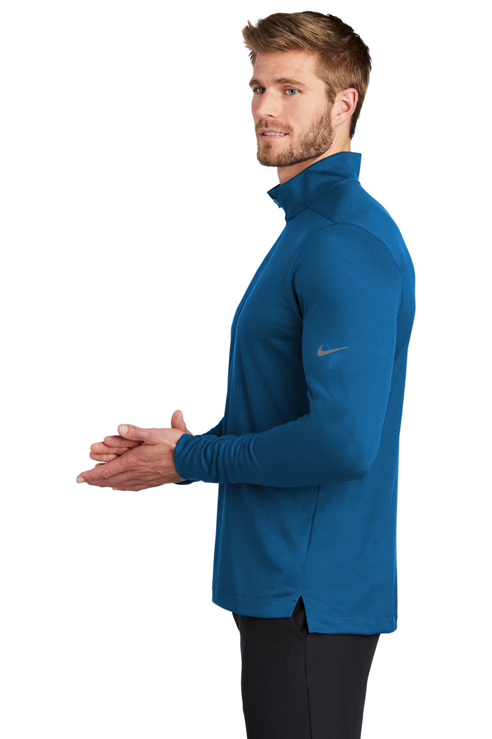 Nike NKBV6044 Mens Dri-Fit Moisture Wicking 1/4 Zip Sweatshirt Gym Blue Model Side