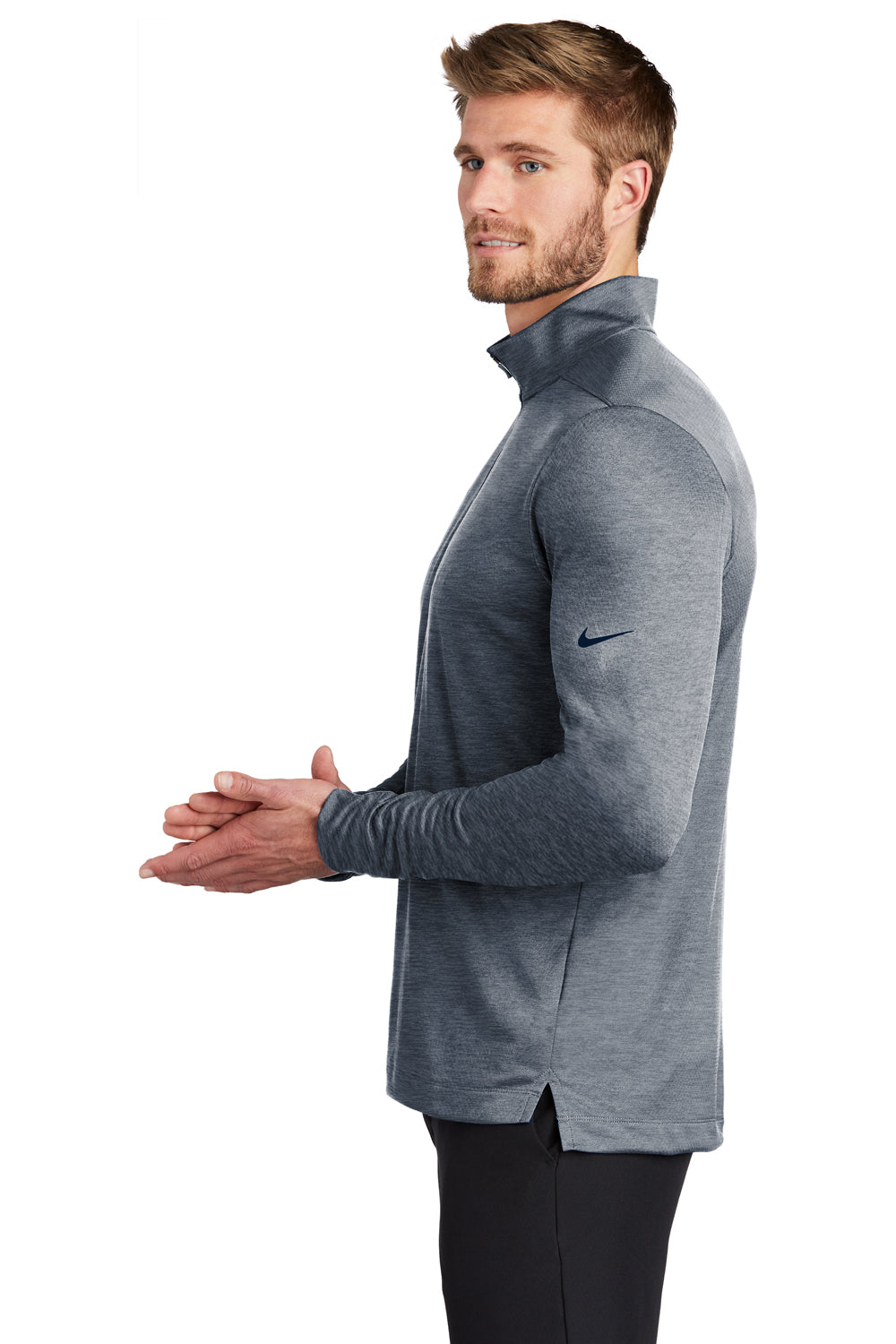 Nike NKBV6044 Mens Dri-Fit Moisture Wicking 1/4 Zip Sweatshirt Heather Navy Blue Model Side
