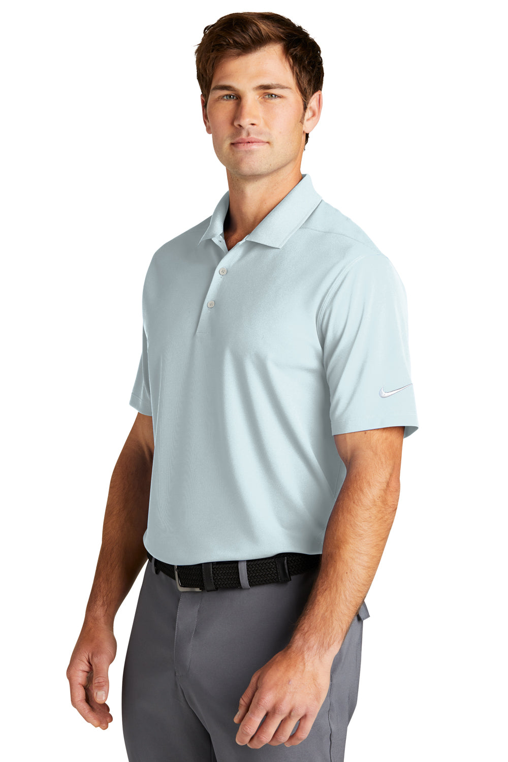 Nike NKDC1963 Mens Dri-Fit Moisture Wicking Micro Pique 2.0 Short Sleeve Polo Shirt Blue Tint Model 3Q