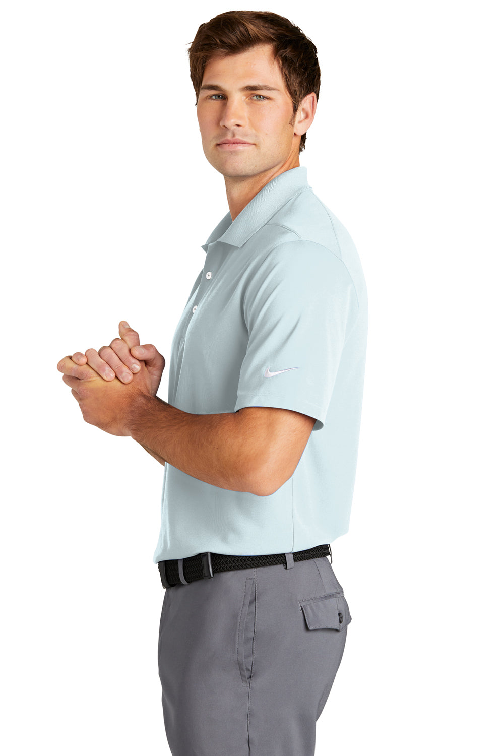 Nike NKDC1963 Mens Dri-Fit Moisture Wicking Micro Pique 2.0 Short Sleeve Polo Shirt Blue Tint Model Side