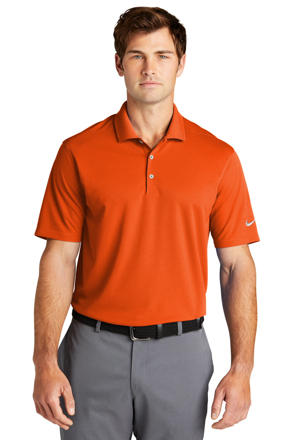 Nike NKDC1963 Mens Dri-Fit Moisture Wicking Micro Pique 2.0 Short Sleeve Polo Shirt Brilliant Orange Model Front