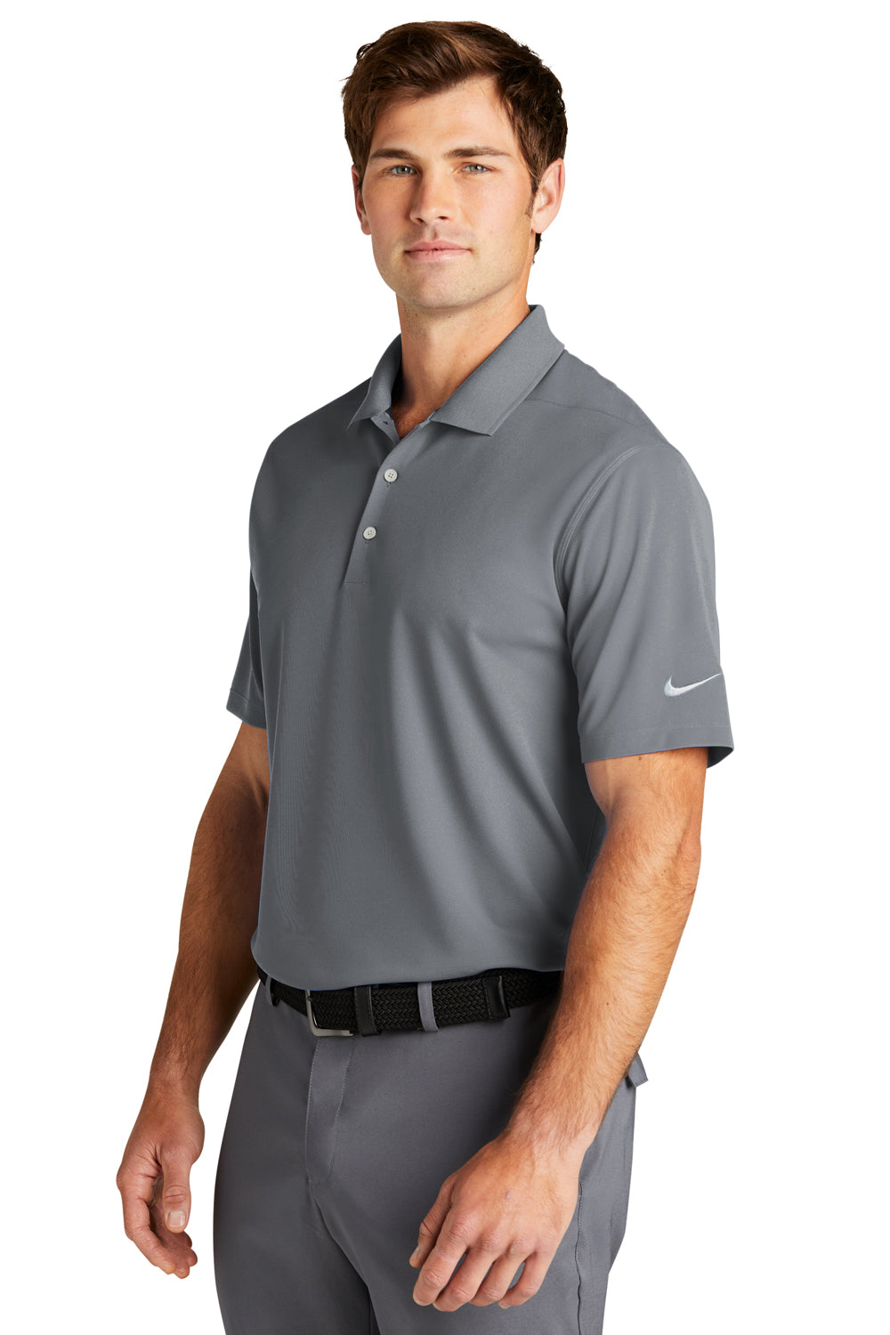Nike NKDC1963 Mens Dri-Fit Moisture Wicking Micro Pique 2.0 Short Sleeve Polo Shirt Cool Grey Model 3Q