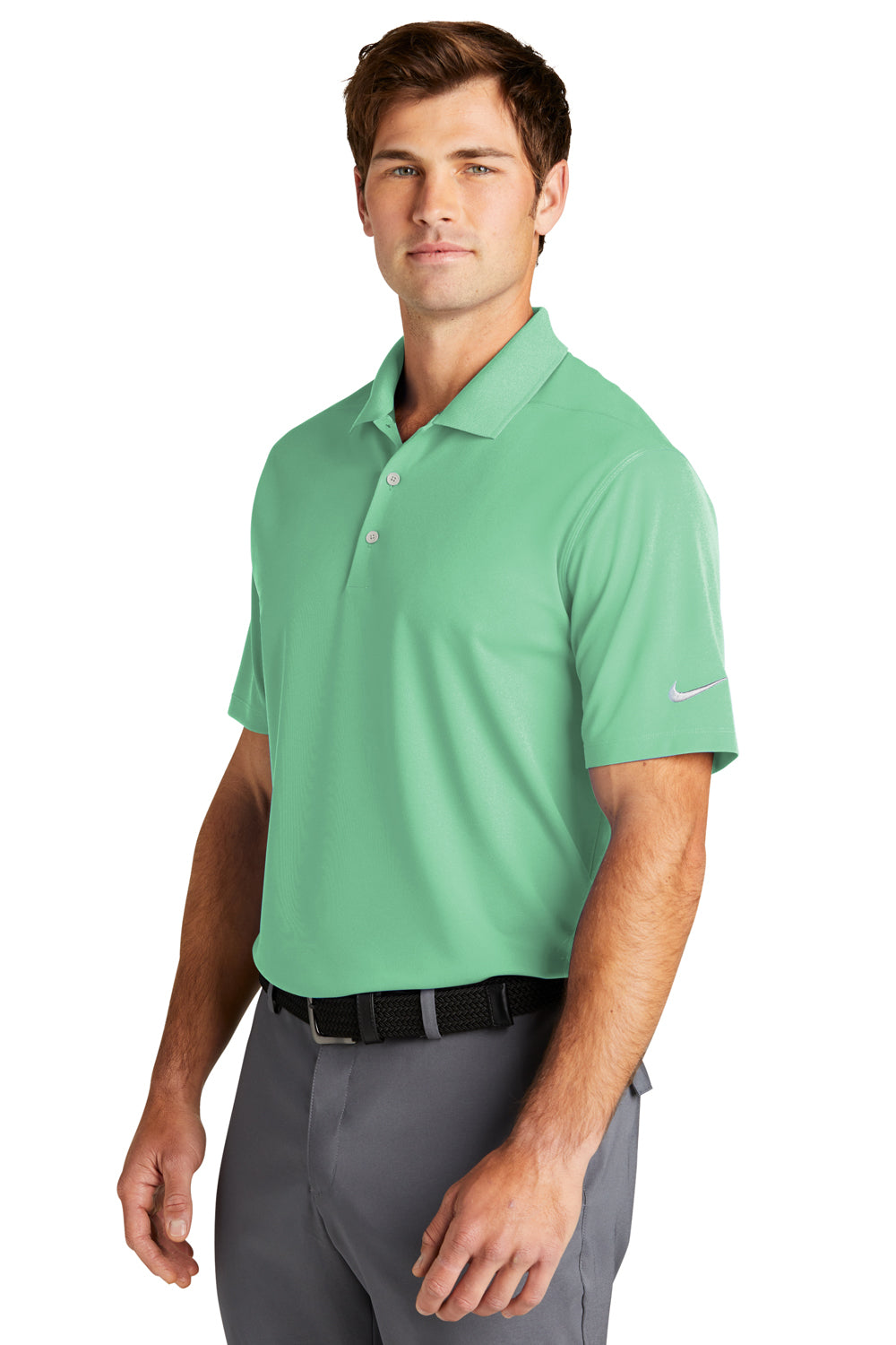 Nike NKDC1963 Mens Dri-Fit Moisture Wicking Micro Pique 2.0 Short Sleeve Polo Shirt Mint Green Model 3Q