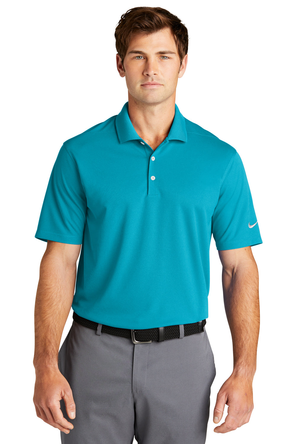 Nike NKDC1963 Mens Dri-Fit Moisture Wicking Micro Pique 2.0 Short Sleeve Polo Shirt Tidal Blue Model Front