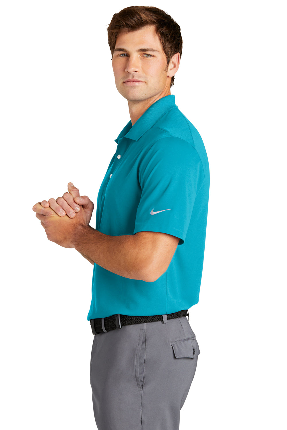 Nike NKDC1963 Mens Dri-Fit Moisture Wicking Micro Pique 2.0 Short Sleeve Polo Shirt Tidal Blue Model Side
