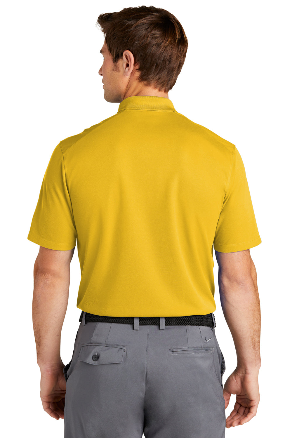 Nike NKDC1963 Mens Dri-Fit Moisture Wicking Micro Pique 2.0 Short Sleeve Polo Shirt Varsity Maize Yellow Model Back