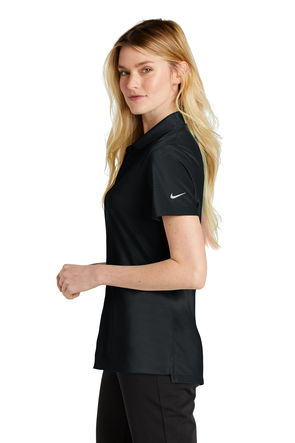 Nike NKDC1991 Womens Dri-Fit Moisture Wicking Micro Pique 2.0 Short Sleeve Polo Shirt Black Model Side