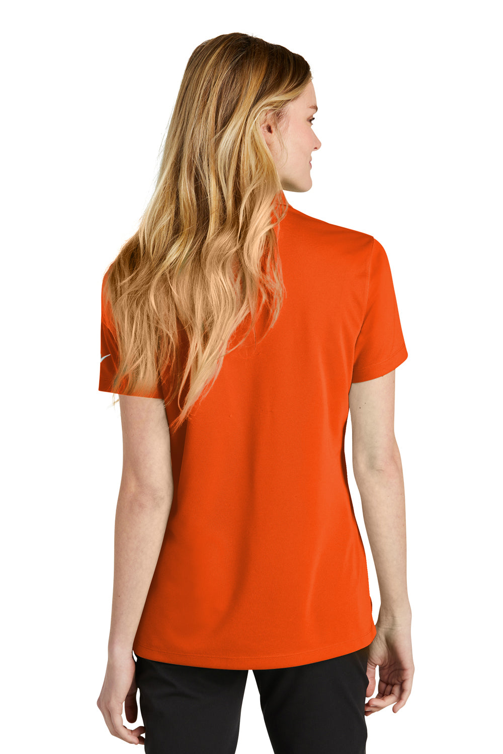Nike NKDC1991 Womens Dri-Fit Moisture Wicking Micro Pique 2.0 Short Sleeve Polo Shirt Brilliant Orange Model Back