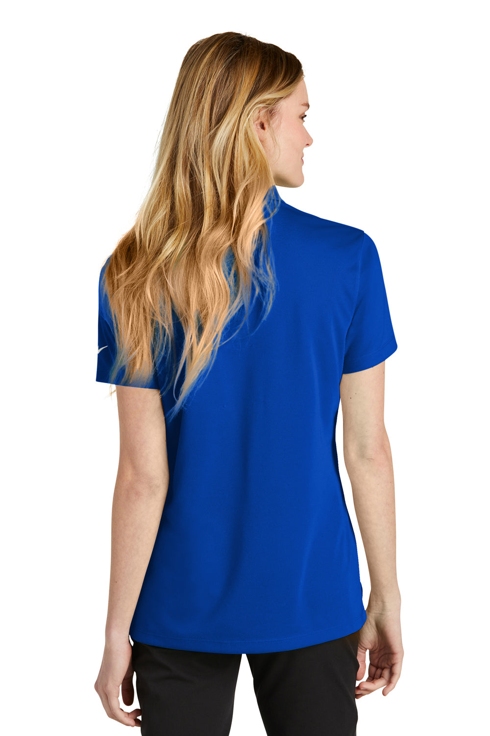 Nike NKDC1991 Womens Dri-Fit Moisture Wicking Micro Pique 2.0 Short Sleeve Polo Shirt Game Royal Blue Model Back