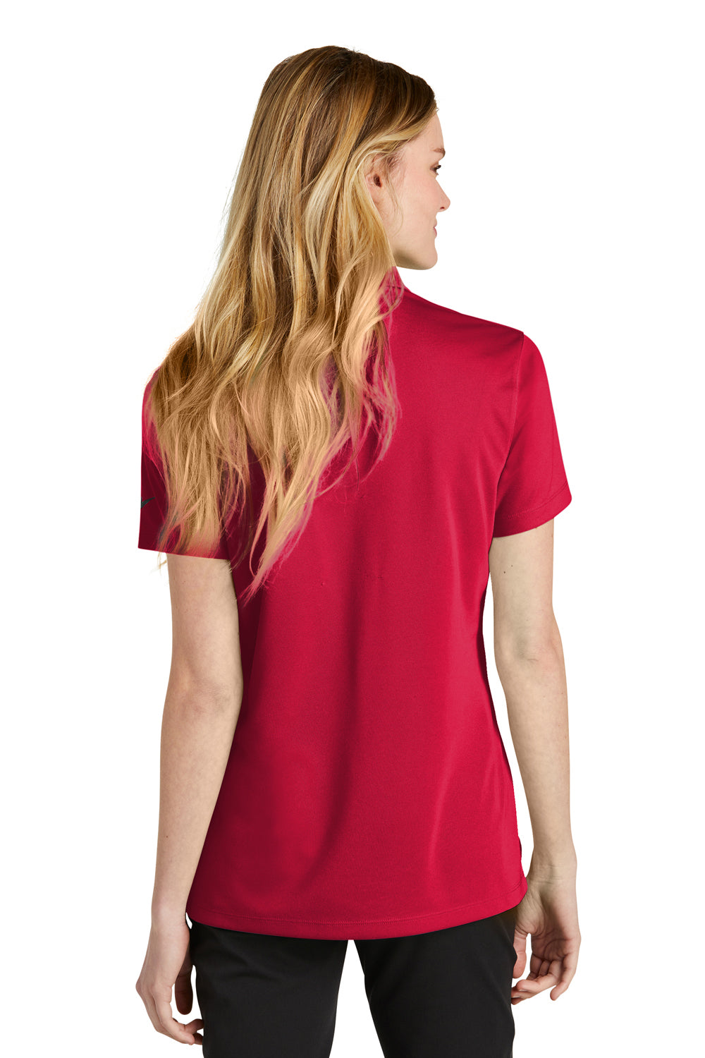 Nike NKDC1991 Womens Dri-Fit Moisture Wicking Micro Pique 2.0 Short Sleeve Polo Shirt University Red Model Back