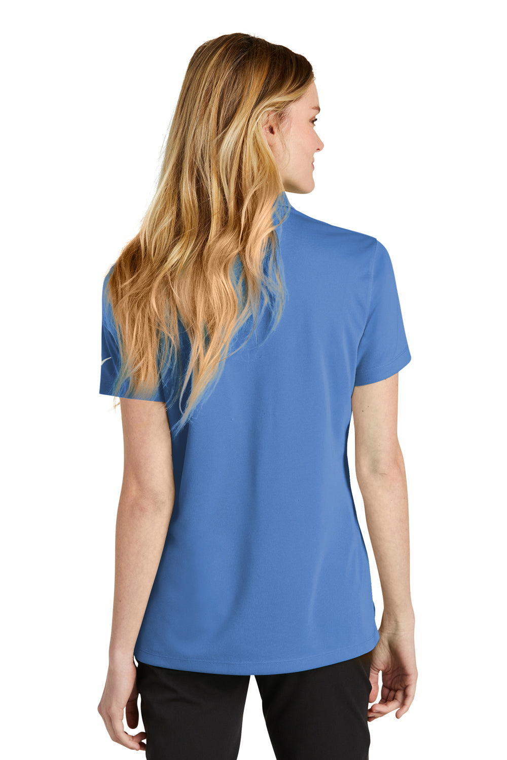 Nike NKDC1991 Womens Dri-Fit Moisture Wicking Micro Pique 2.0 Short Sleeve Polo Shirt Valor Blue Model Back