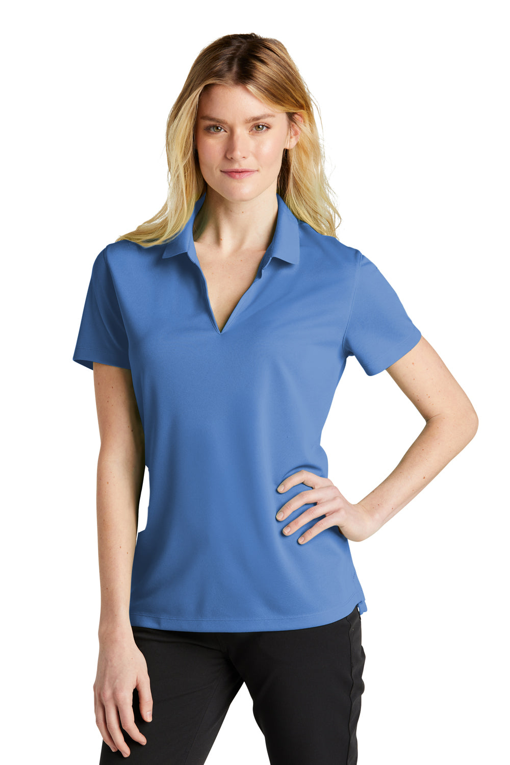 Nike NKDC1991 Womens Dri-Fit Moisture Wicking Micro Pique 2.0 Short Sleeve Polo Shirt Valor Blue Model Front