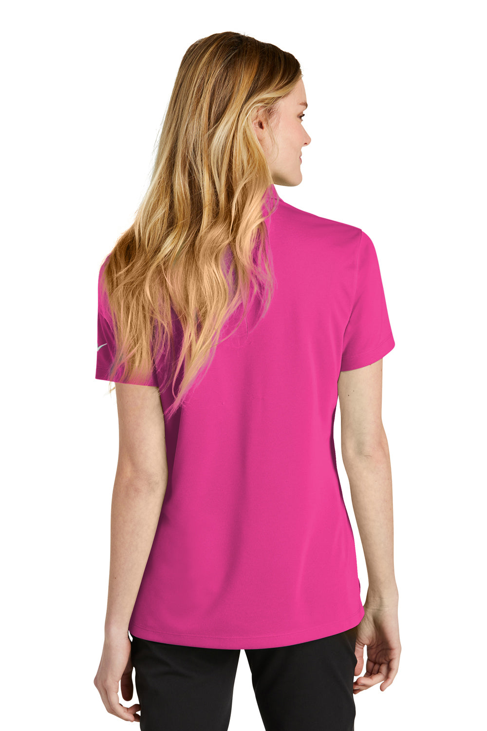 Nike NKDC1991 Womens Dri-Fit Moisture Wicking Micro Pique 2.0 Short Sleeve Polo Shirt Vivid Pink Model Back