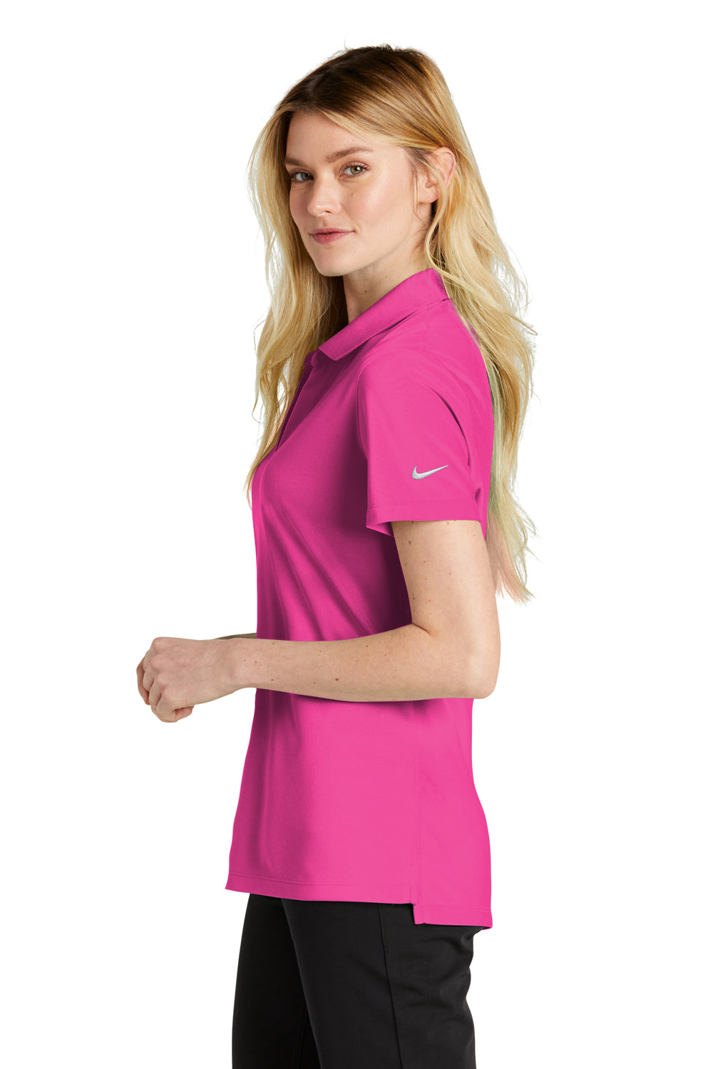 Nike NKDC1991 Womens Dri-Fit Moisture Wicking Micro Pique 2.0 Short Sleeve Polo Shirt Vivid Pink Model Side