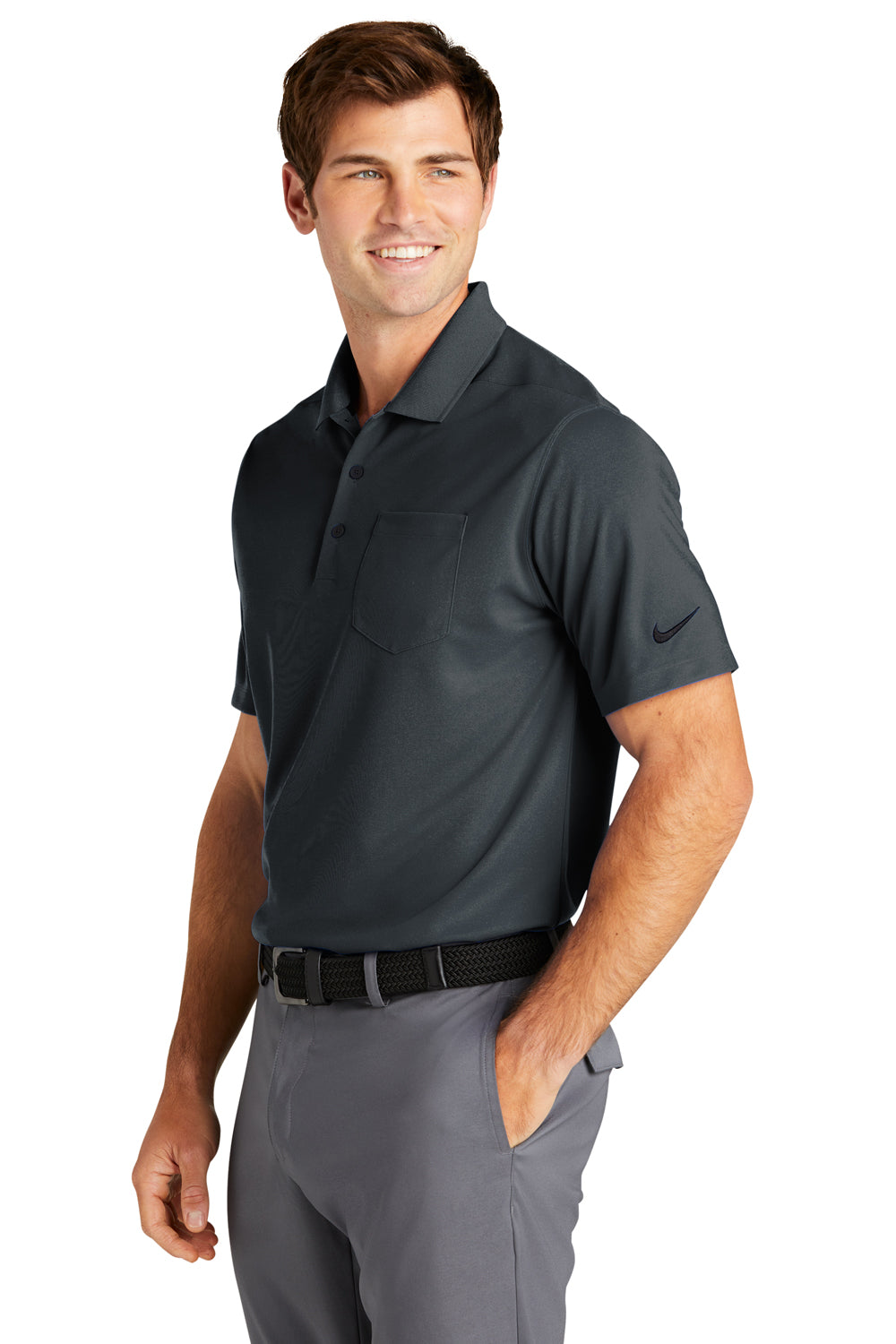 Nike NKDC2103 Mens Dri-Fit Moisture Wicking Micro Pique 2.0 Short Sleeve Polo Shirt w/ Pocket Anthracite Grey Model 3Q