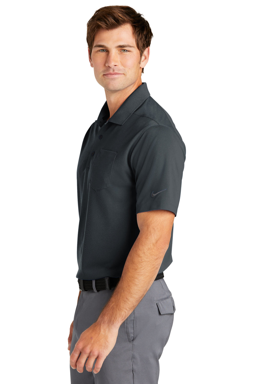 Nike NKDC2103 Mens Dri-Fit Moisture Wicking Micro Pique 2.0 Short Sleeve Polo Shirt w/ Pocket Anthracite Grey Model Side