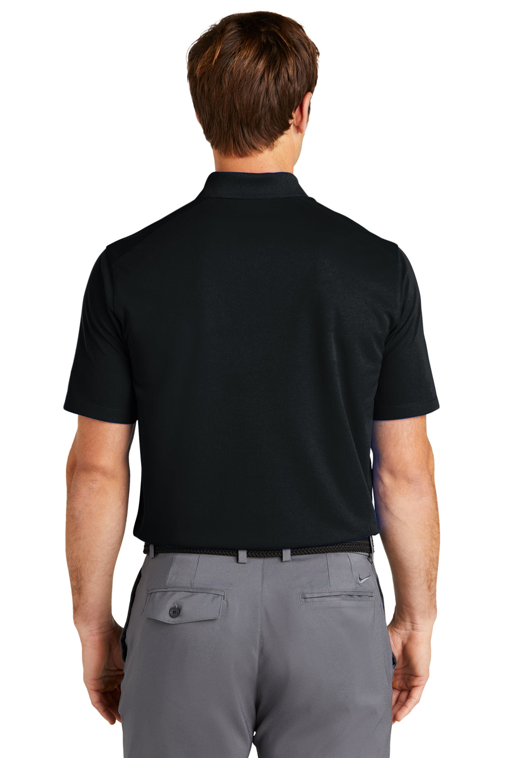 Nike NKDC2103 Mens Dri-Fit Moisture Wicking Micro Pique 2.0 Short Sleeve Polo Shirt w/ Pocket Black Model Back