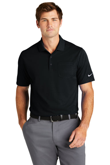 Nike NKDC2103 Mens Dri-Fit Moisture Wicking Micro Pique 2.0 Short Sleeve Polo Shirt w/ Pocket Black Model Front