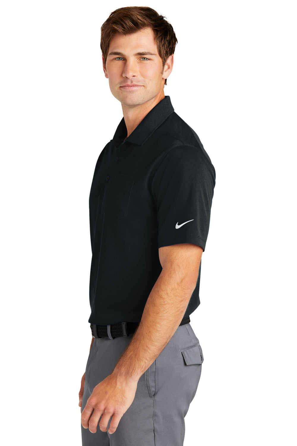 Nike NKDC2103 Mens Dri-Fit Moisture Wicking Micro Pique 2.0 Short Sleeve Polo Shirt w/ Pocket Black Model Side
