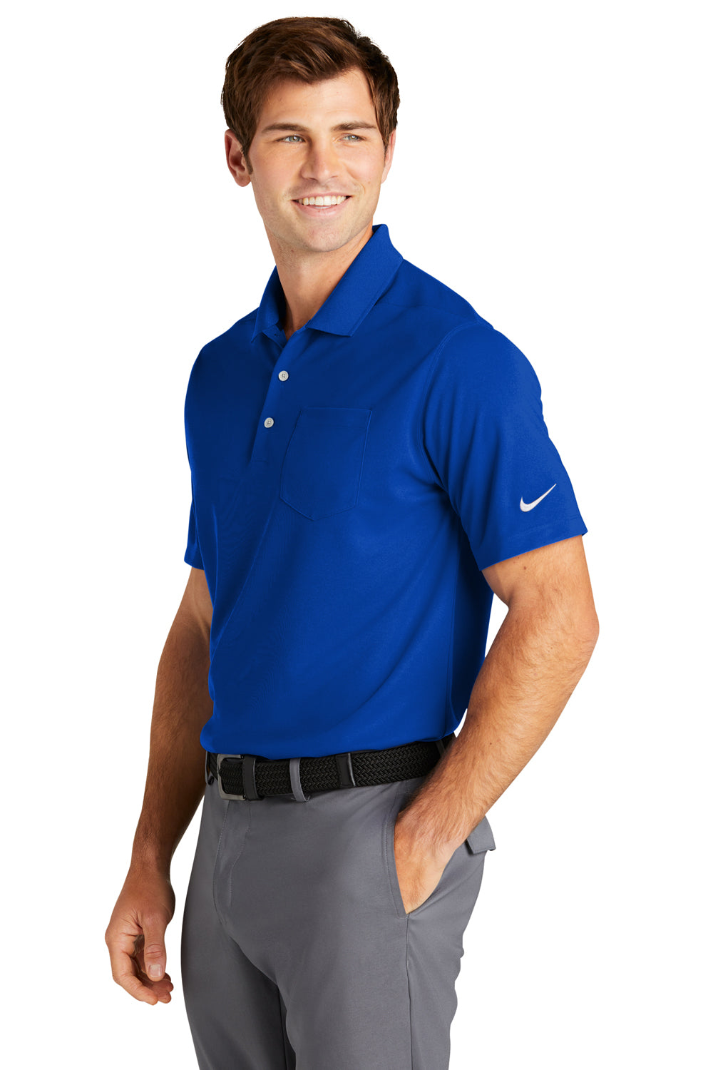 Nike NKDC2103 Mens Dri-Fit Moisture Wicking Micro Pique 2.0 Short Sleeve Polo Shirt w/ Pocket Game Royal Blue Model 3Q