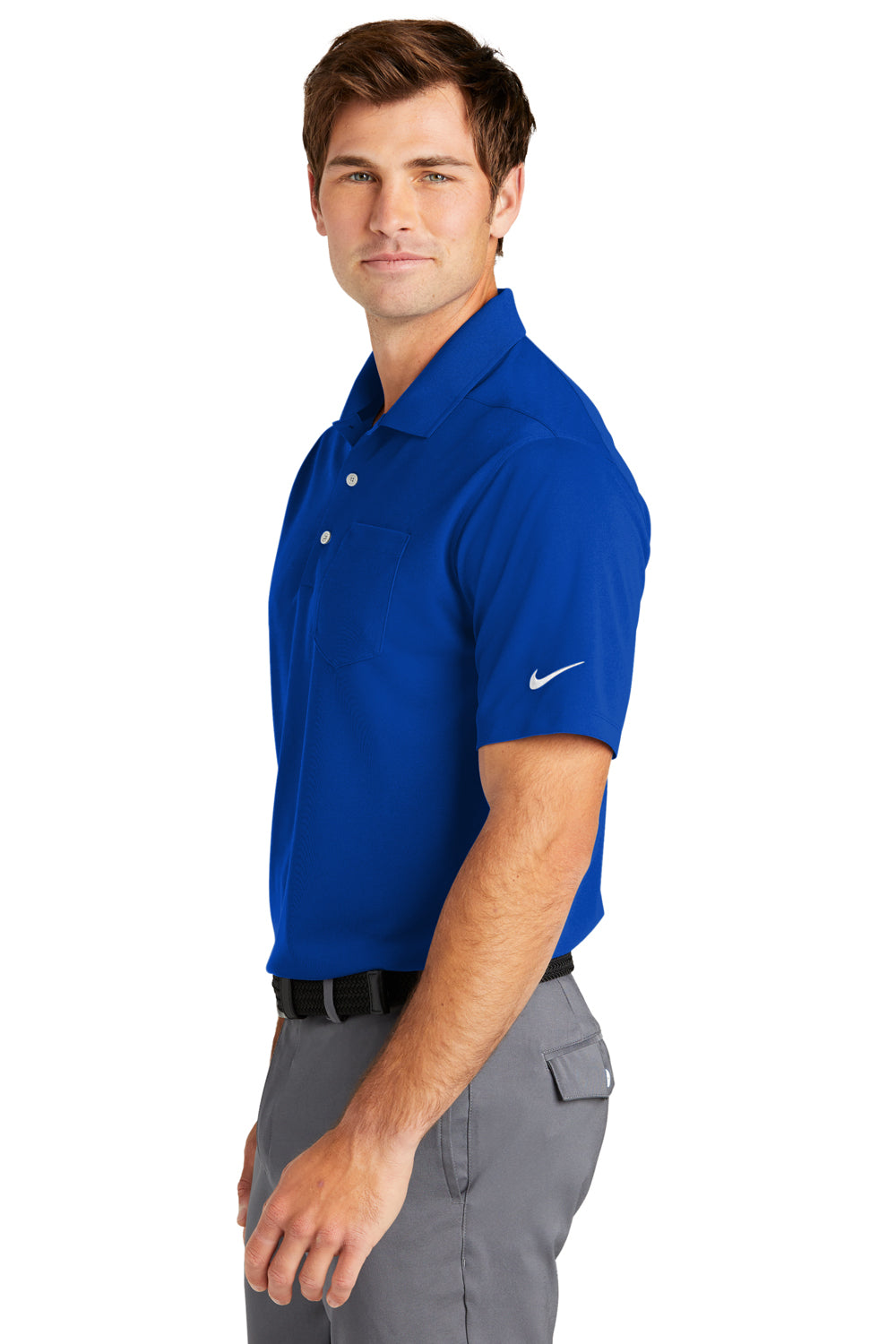 Nike NKDC2103 Mens Dri-Fit Moisture Wicking Micro Pique 2.0 Short Sleeve Polo Shirt w/ Pocket Game Royal Blue Model Side