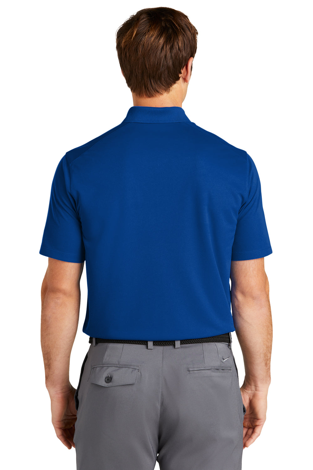 Nike NKDC2103 Mens Dri-Fit Moisture Wicking Micro Pique 2.0 Short Sleeve Polo Shirt w/ Pocket Gym Blue Model Back