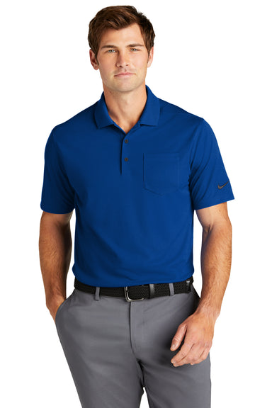 Nike NKDC2103 Mens Dri-Fit Moisture Wicking Micro Pique 2.0 Short Sleeve Polo Shirt w/ Pocket Gym Blue Model Front