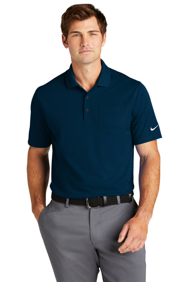 Nike NKDC2103 Mens Dri-Fit Moisture Wicking Micro Pique 2.0 Short Sleeve Polo Shirt w/ Pocket Navy Blue Model Front
