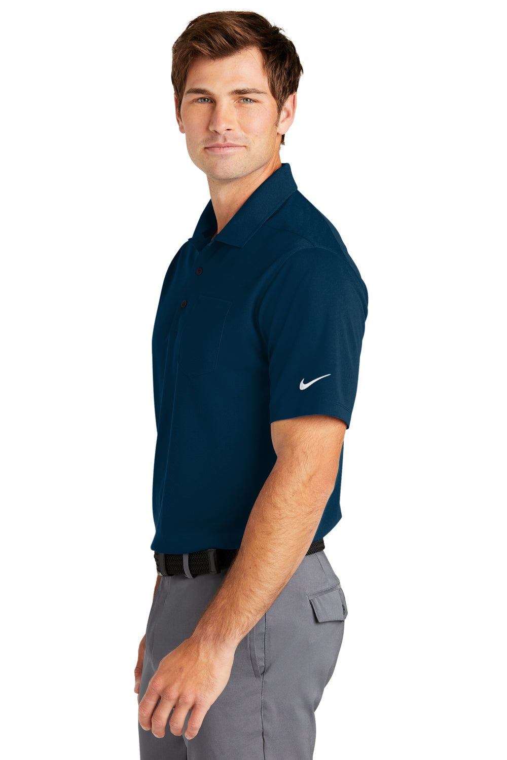 Nike NKDC2103 Mens Dri-Fit Moisture Wicking Micro Pique 2.0 Short Sleeve Polo Shirt w/ Pocket Navy Blue Model Side