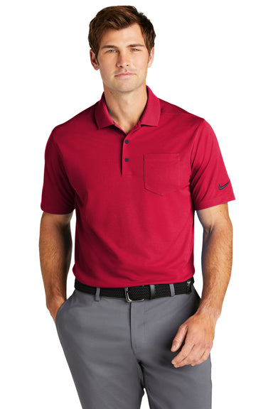 Nike NKDC2103 Mens Dri-Fit Moisture Wicking Micro Pique 2.0 Short Sleeve Polo Shirt w/ Pocket University Red Model Front