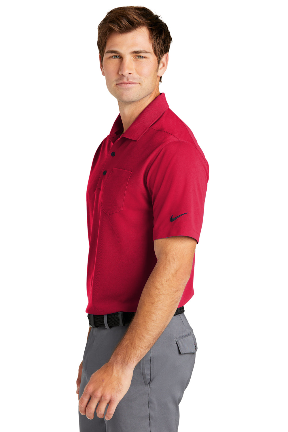 Nike NKDC2103 Mens Dri-Fit Moisture Wicking Micro Pique 2.0 Short Sleeve Polo Shirt w/ Pocket University Red Model Side