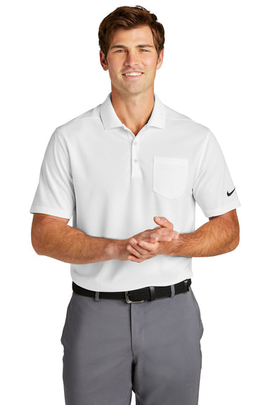 Nike NKDC2103 Mens Dri-Fit Moisture Wicking Micro Pique 2.0 Short Sleeve Polo Shirt w/ Pocket White Model Front