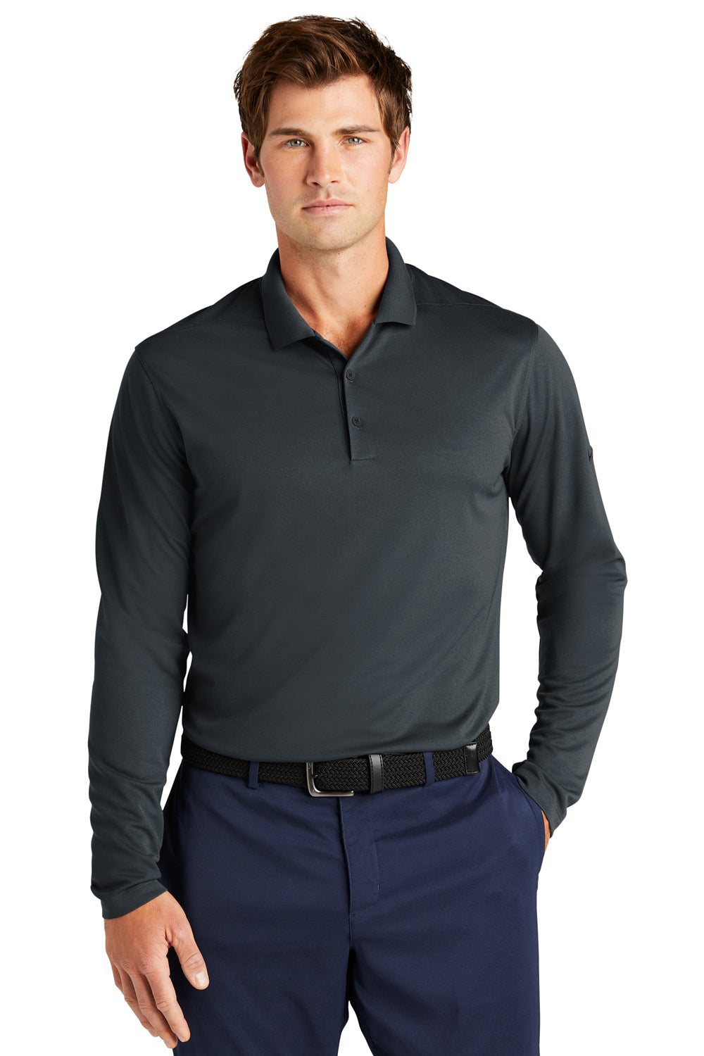 Nike NKDC2104 Mens Dri-Fit Moisture Wicking Micro Pique 2.0 Long Sleeve Polo Shirt Anthracite Grey Model Front