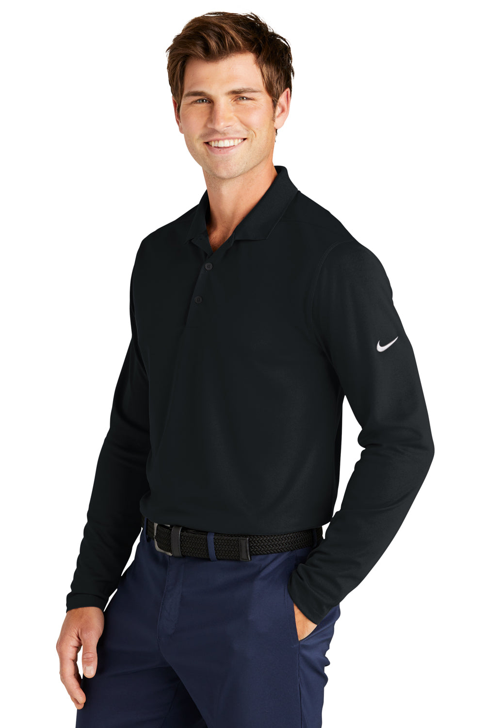 Nike NKDC2104 Mens Dri-Fit Moisture Wicking Micro Pique 2.0 Long Sleeve Polo Shirt Black Model 3Q
