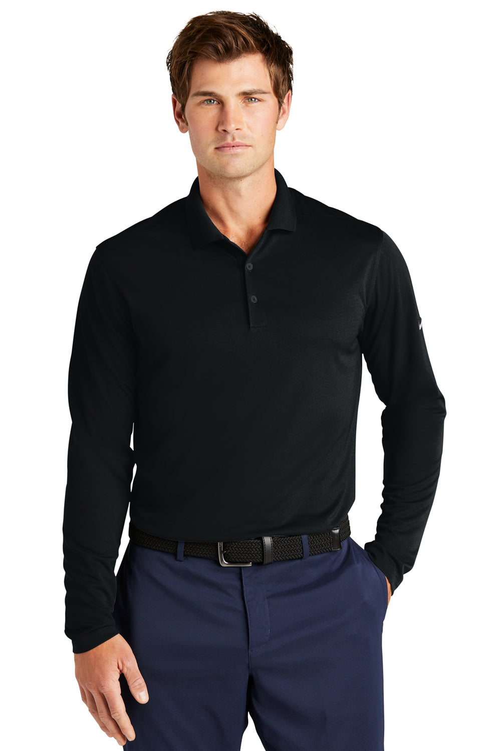 Nike NKDC2104 Mens Dri-Fit Moisture Wicking Micro Pique 2.0 Long Sleeve Polo Shirt Black Model Front