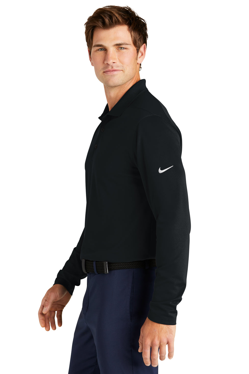 Nike NKDC2104 Mens Dri-Fit Moisture Wicking Micro Pique 2.0 Long Sleeve Polo Shirt Black Model Side