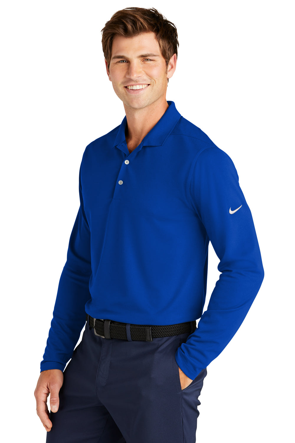 Nike NKDC2104 Mens Dri-Fit Moisture Wicking Micro Pique 2.0 Long Sleeve Polo Shirt Game Royal Blue Model 3Q