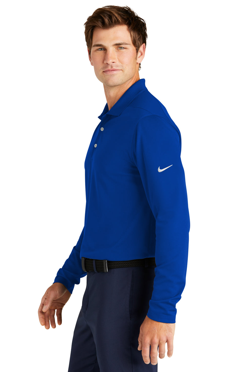 Nike NKDC2104 Mens Dri-Fit Moisture Wicking Micro Pique 2.0 Long Sleeve Polo Shirt Game Royal Blue Model Side