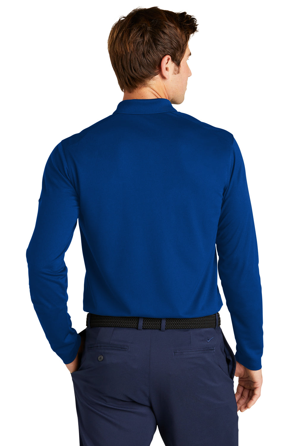 Nike NKDC2104 Mens Dri-Fit Moisture Wicking Micro Pique 2.0 Long Sleeve Polo Shirt Gym Blue Model Back