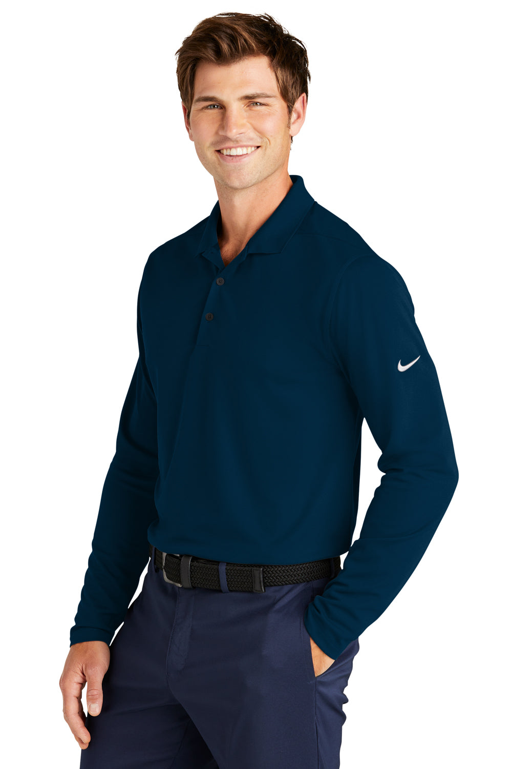Nike NKDC2104 Mens Dri-Fit Moisture Wicking Micro Pique 2.0 Long Sleeve Polo Shirt Navy Blue Model 3Q