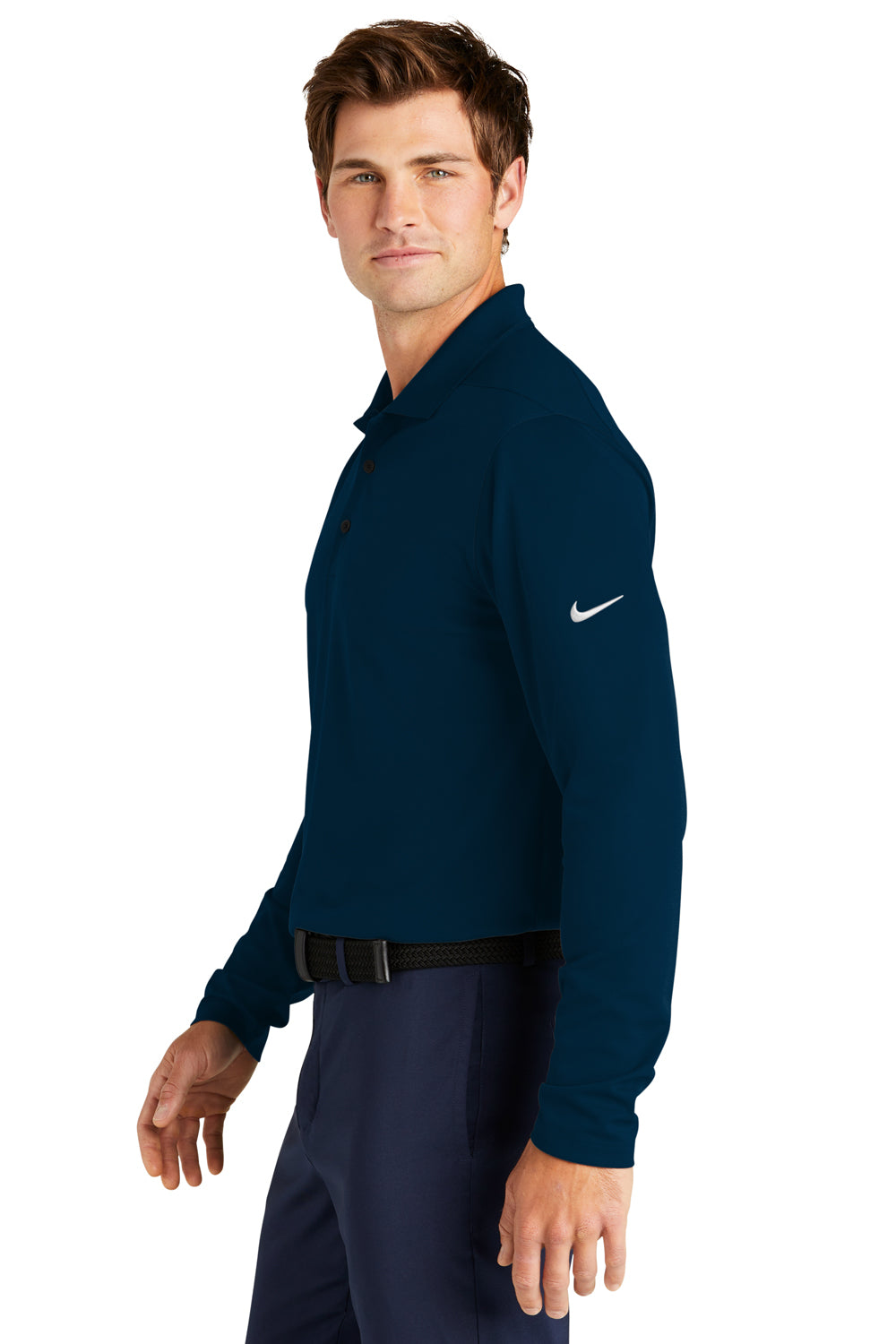 Nike NKDC2104 Mens Dri-Fit Moisture Wicking Micro Pique 2.0 Long Sleeve Polo Shirt Navy Blue Model Side