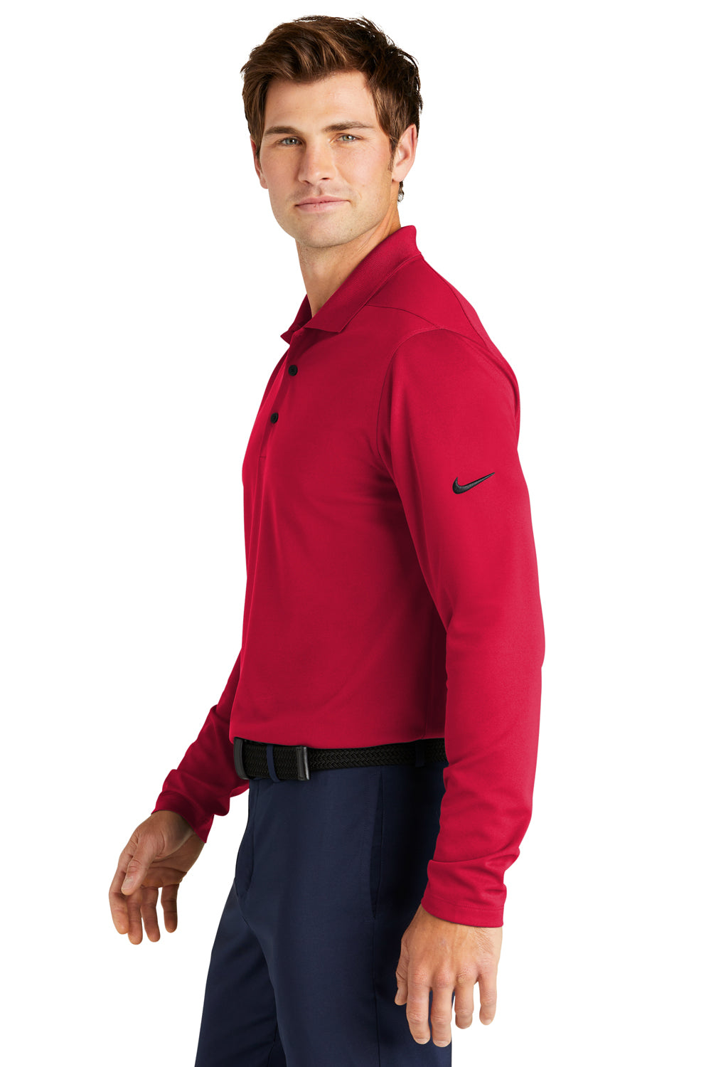 Nike NKDC2104 Mens Dri-Fit Moisture Wicking Micro Pique 2.0 Long Sleeve Polo Shirt University Red Model Side
