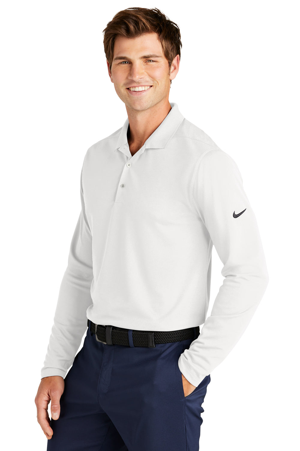 Nike NKDC2104 Mens Dri-Fit Moisture Wicking Micro Pique 2.0 Long Sleeve Polo Shirt White Model 3Q