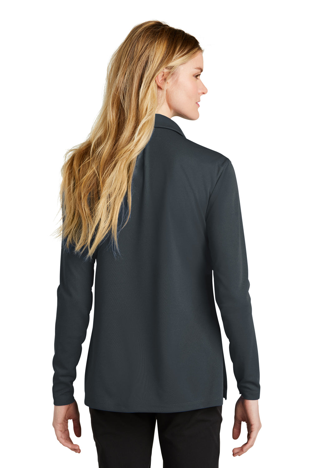Nike NKDC2105 Womens Dri-Fit Moisture Wicking Micro Pique 2.0 Long Sleeve Polo Shirt Anthracite Grey Model Back