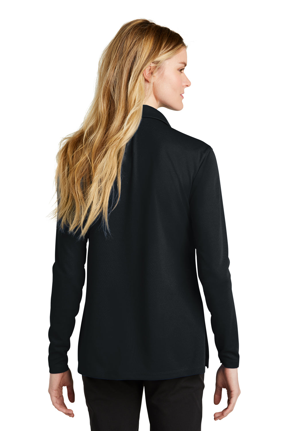 Nike NKDC2105 Womens Dri-Fit Moisture Wicking Micro Pique 2.0 Long Sleeve Polo Shirt Black Model Back