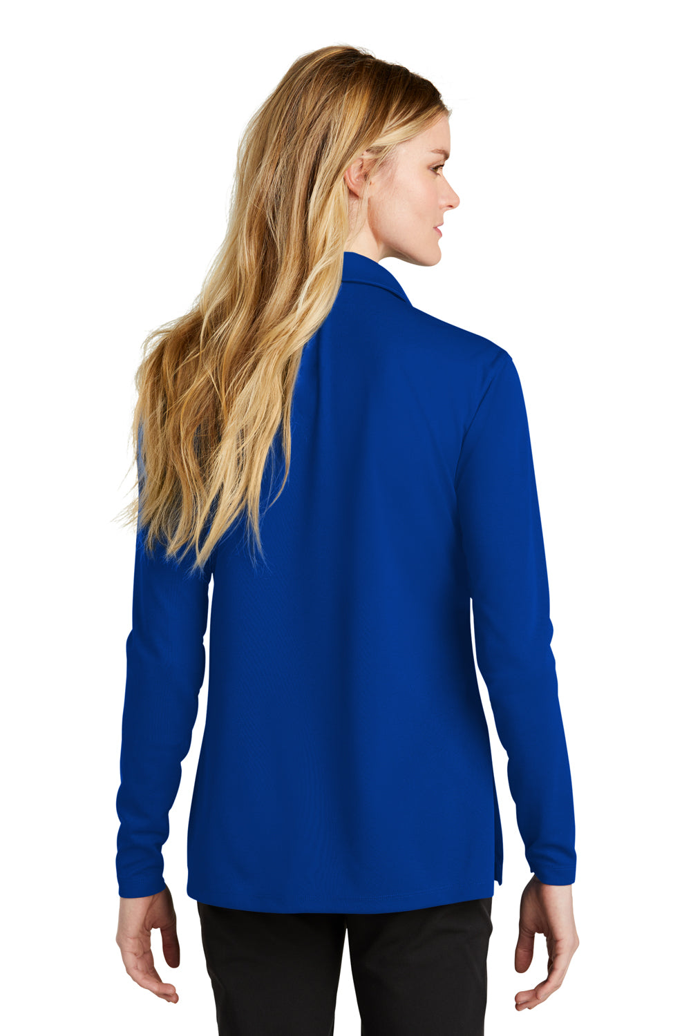 Nike NKDC2105 Womens Dri-Fit Moisture Wicking Micro Pique 2.0 Long Sleeve Polo Shirt Game Royal Blue Model Back