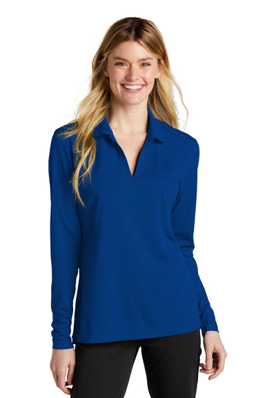 Nike NKDC2105 Womens Dri-Fit Moisture Wicking Micro Pique 2.0 Long Sleeve Polo Shirt Gym Blue Model Front