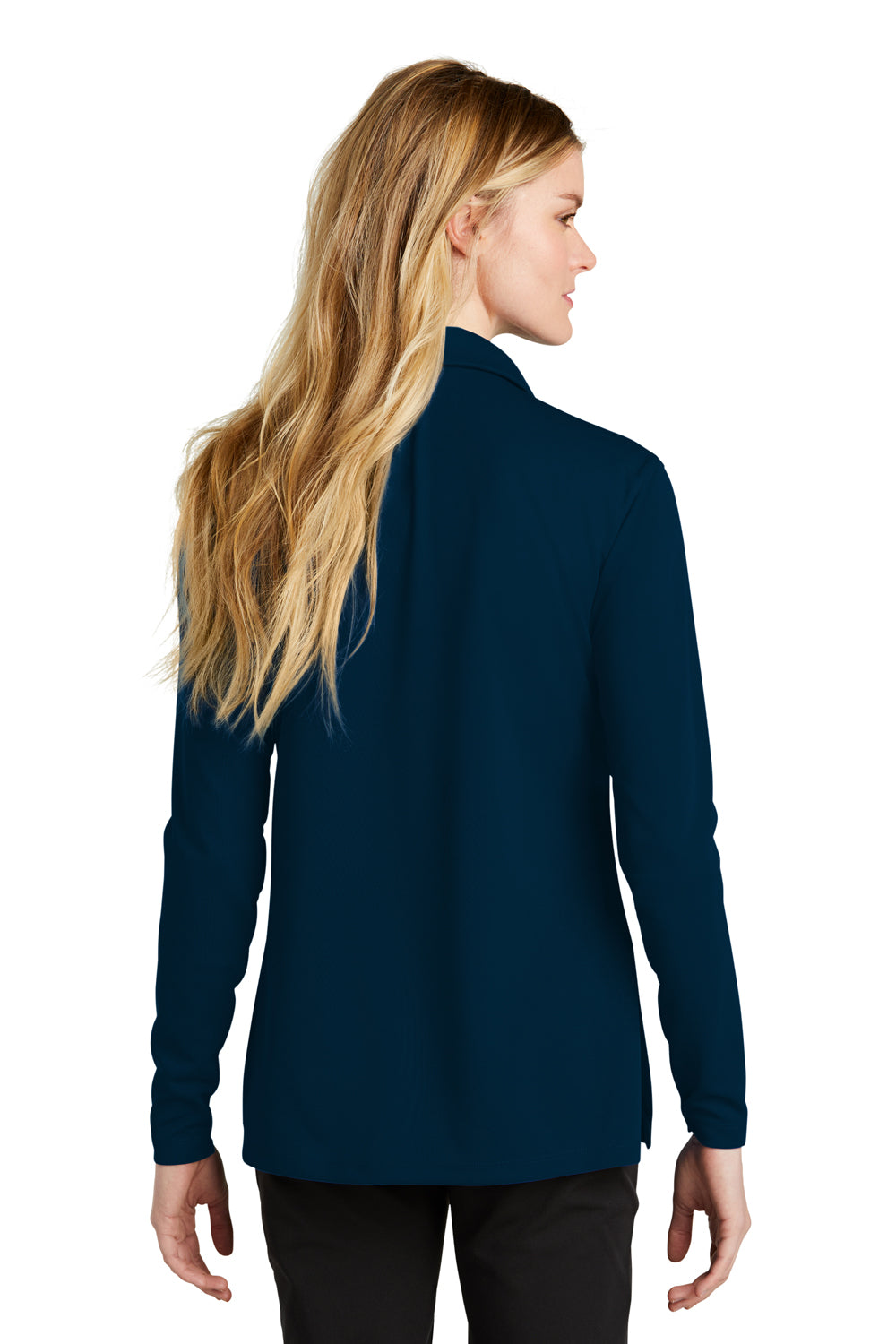 Nike NKDC2105 Womens Dri-Fit Moisture Wicking Micro Pique 2.0 Long Sleeve Polo Shirt Navy Blue Model Back